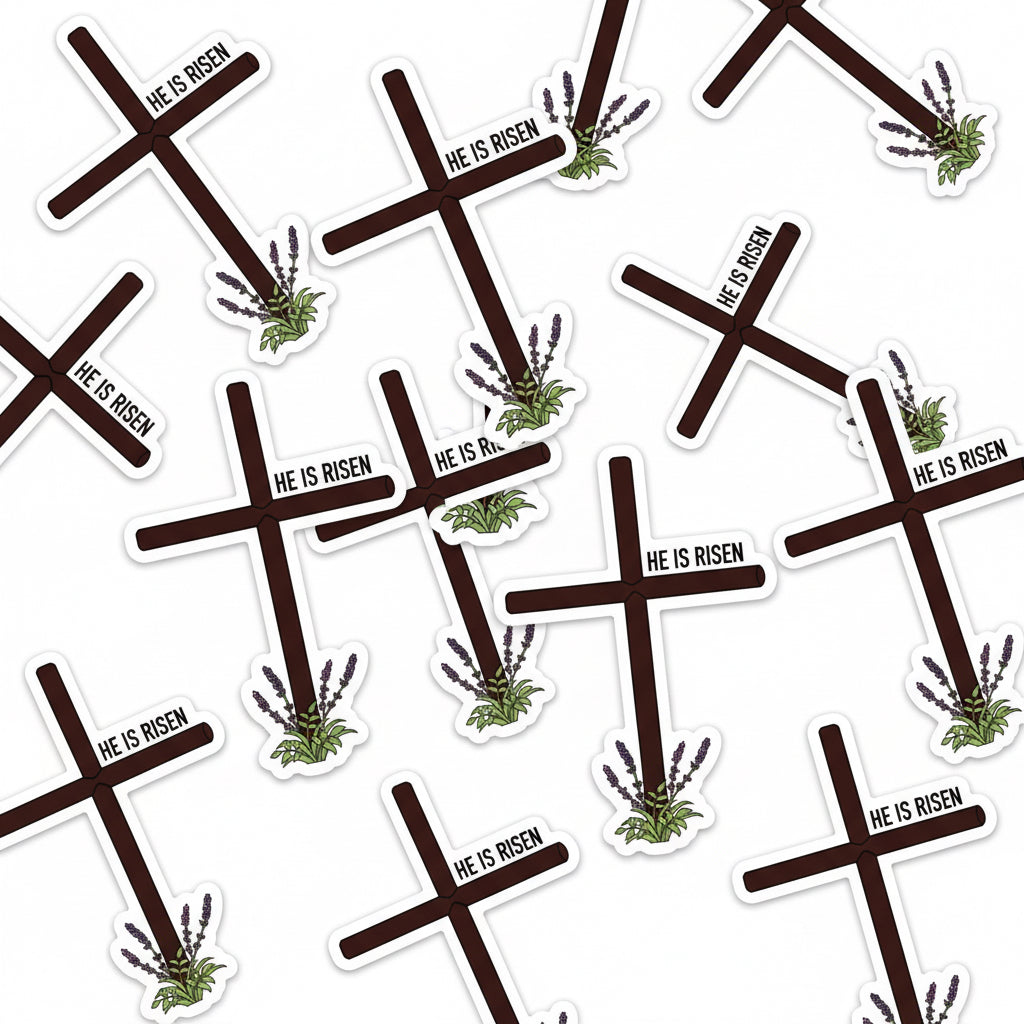 HE IS RISEN FARM CROSS STICKER